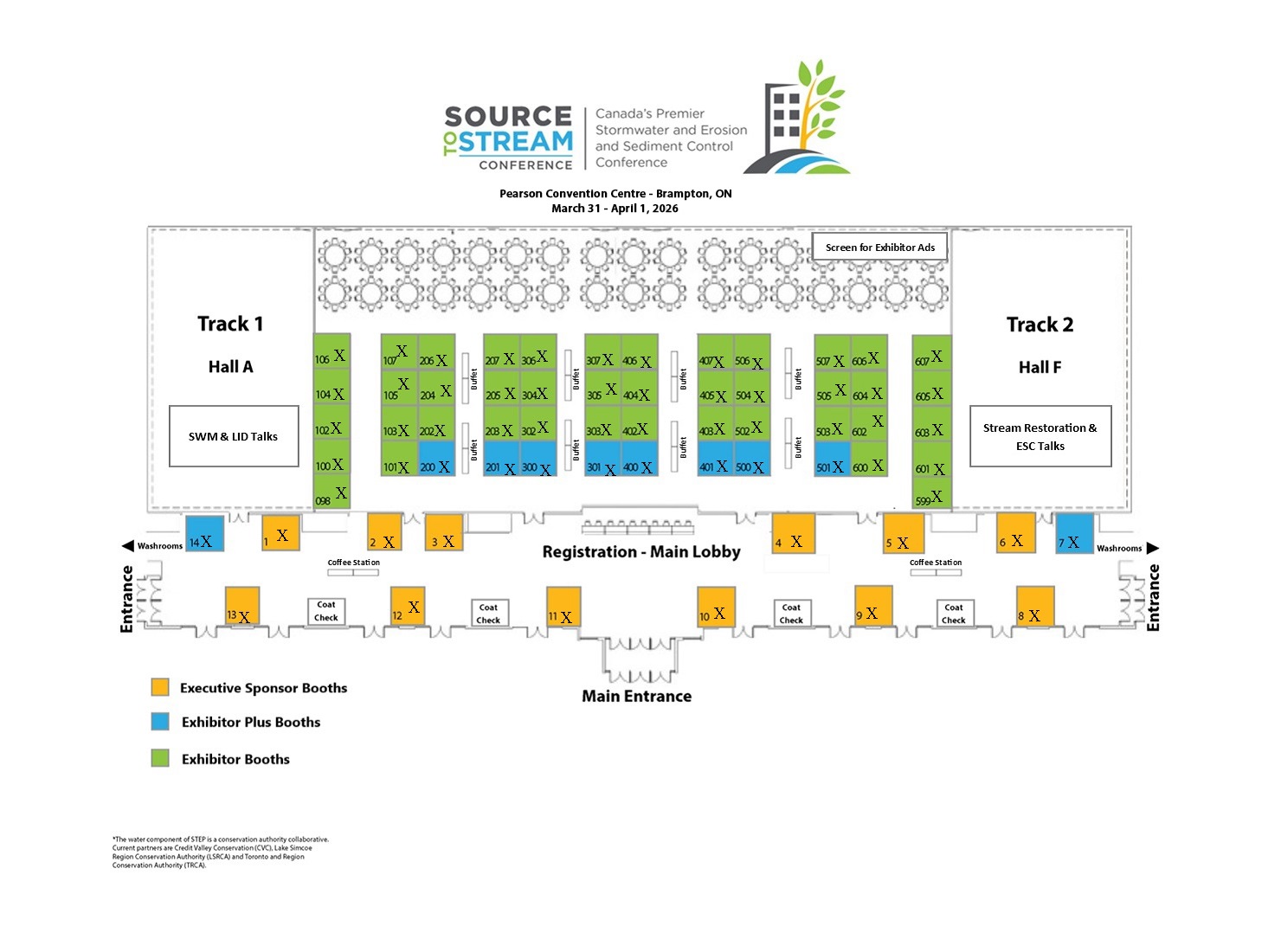 2026 Source to Stream Conference floor plan showing exhibitor booth availabilities